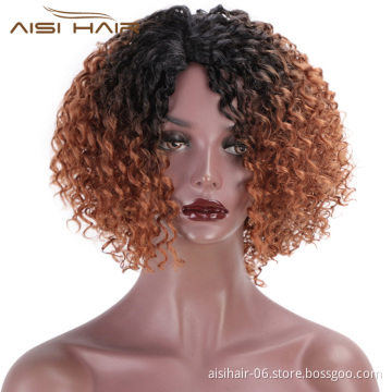 Aisi Hair Ombre Brown Kinky Curly Short Wigs Heat Resistant Synthetic Fiber Afro Curly Short Bob Wigs for Women